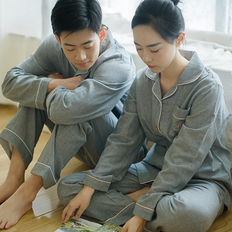新款春秋情侣睡衣男女纯棉长袖品牌睡衣外贸韩版纱布家居服套装