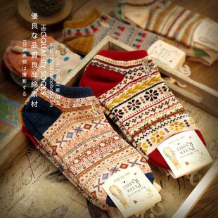 日系卡通提花棉短袜 复古波西米亚民族风全棉女袜子船袜