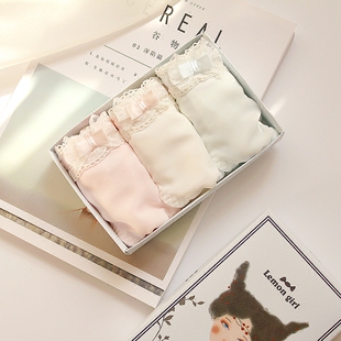 包邮 礼盒装日单少女蕾丝纯棉中低腰内裤 蝴蝶结雪纺纱全棉女短裤