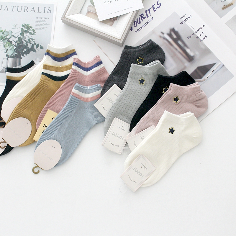 全棉学院风刺绣五角星女士船袜