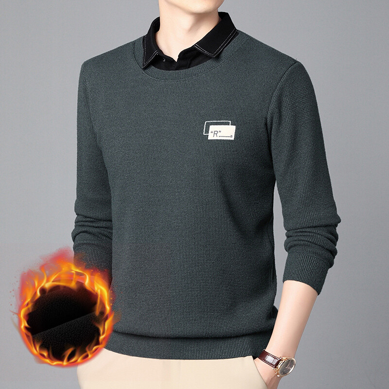假两件衬衫领毛衣男士加绒保暖针织衫深灰色修身打底上衣秋冬新款