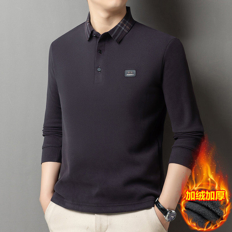 男士长袖翻领POLO衫加绒加厚商务休闲中年爸爸装保暖针织打底衫