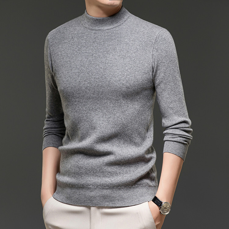 舒适极简主义灰色半高领毛衣男长袖修身针织衫打底衫保暖爸爸装