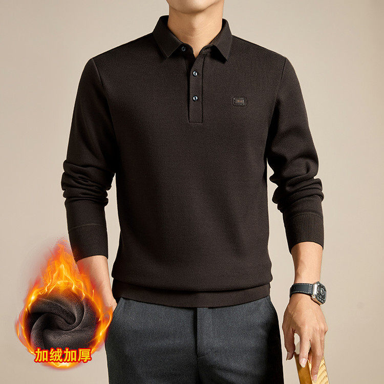 加绒加厚男士长袖POLO衫商务休闲翻领保暖针织高端上衣打底衫红色