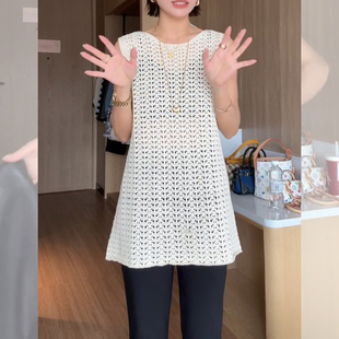 中长款白色镂空针织马甲女圆领无袖叠穿显瘦百搭背心裙马夹高级感