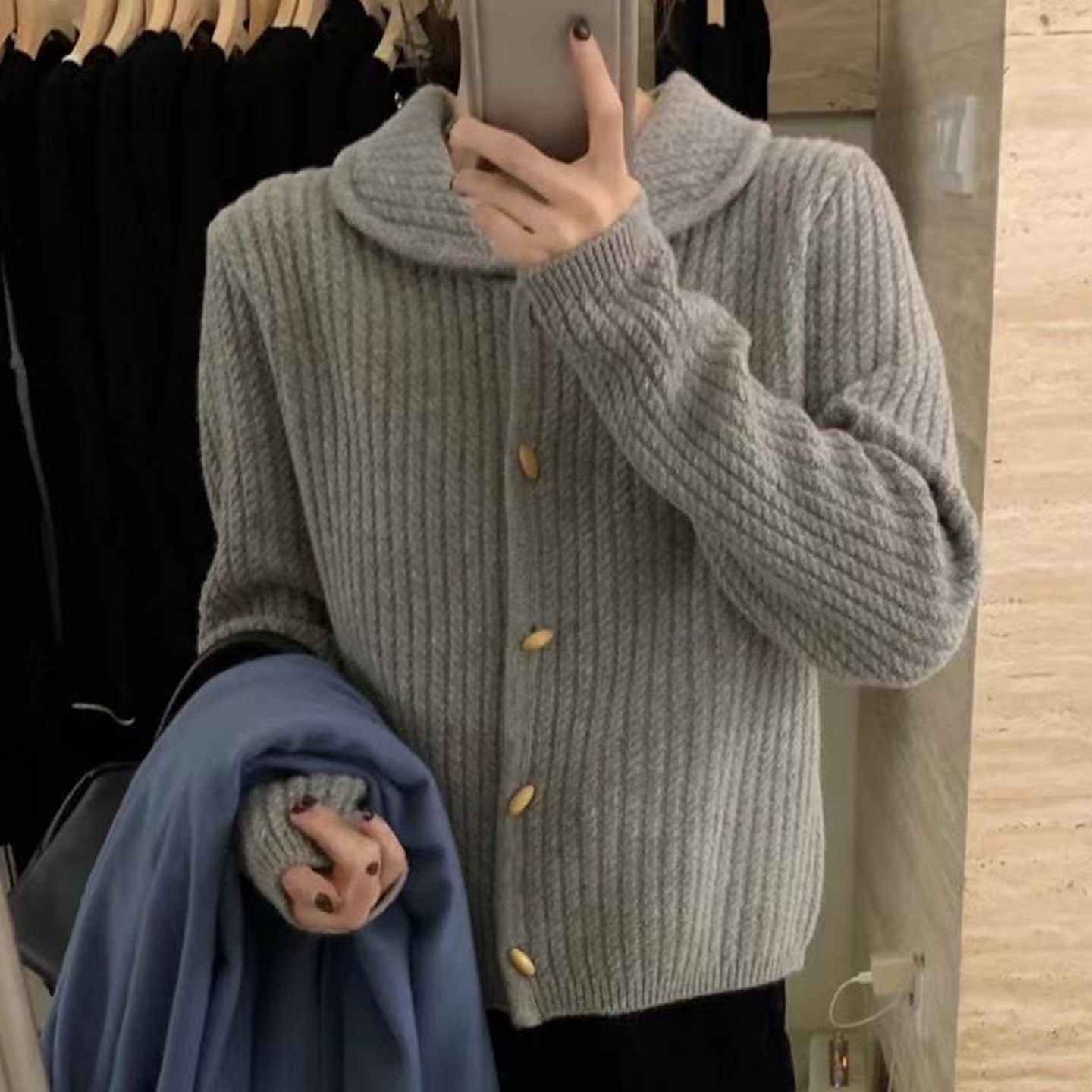 复古牛角扣翻领小个子毛衣外套女春冬季厚针织开衫上衣长袖粗线潮
