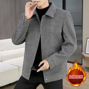 夹克 加棉翻领毛呢大衣外套男休闲潮流纯色呢子短款 高档秋冬季 男士