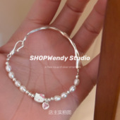 自制少女心kitty猫咪天然珍珠S925纯银爱心半镯半链 SHOPWendy