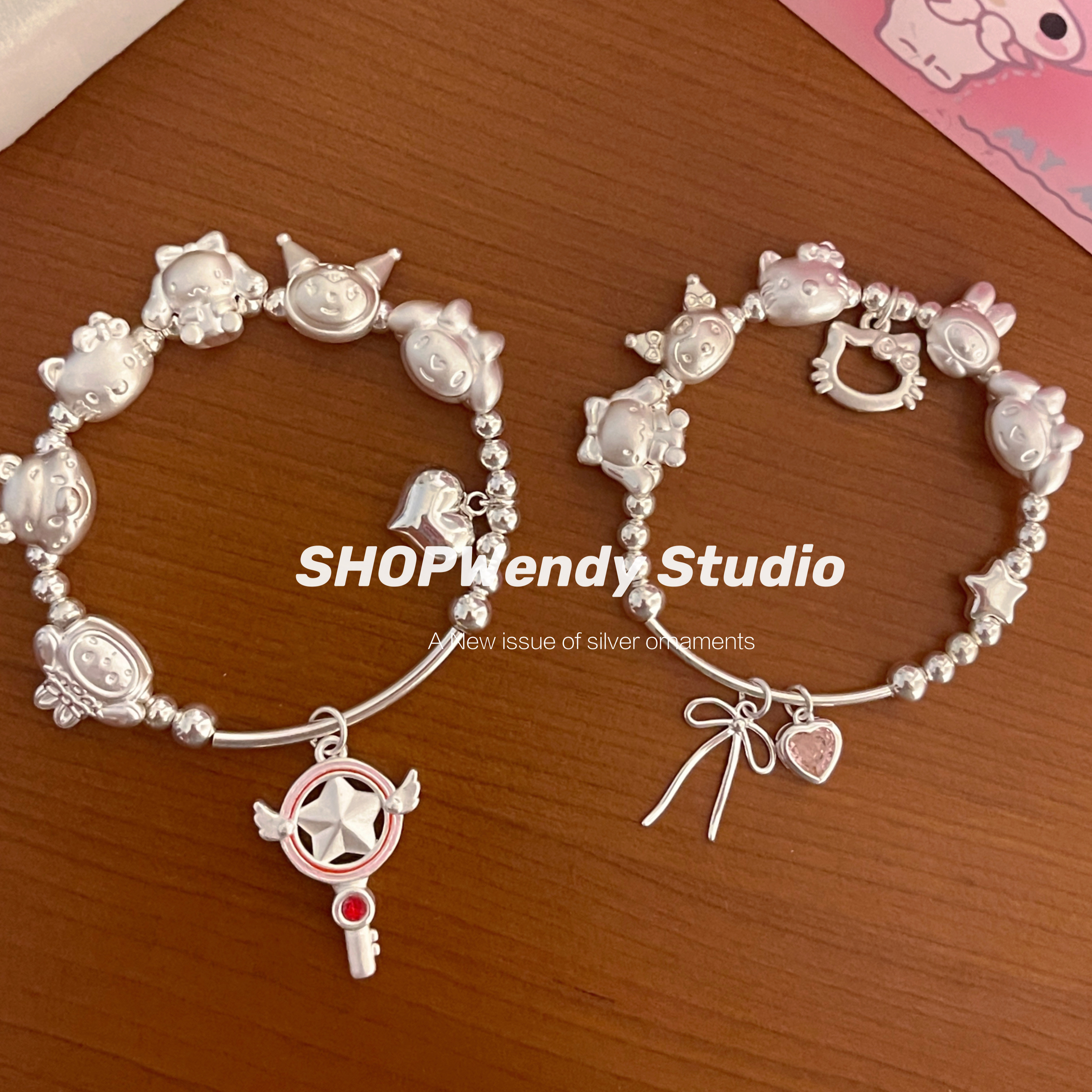 通体纯银串珠kitty玉桂狗手链