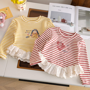 条纹甜美百搭套头打底衫 女童长袖 女宝宝洋气时尚 2025新款 上衣秋装