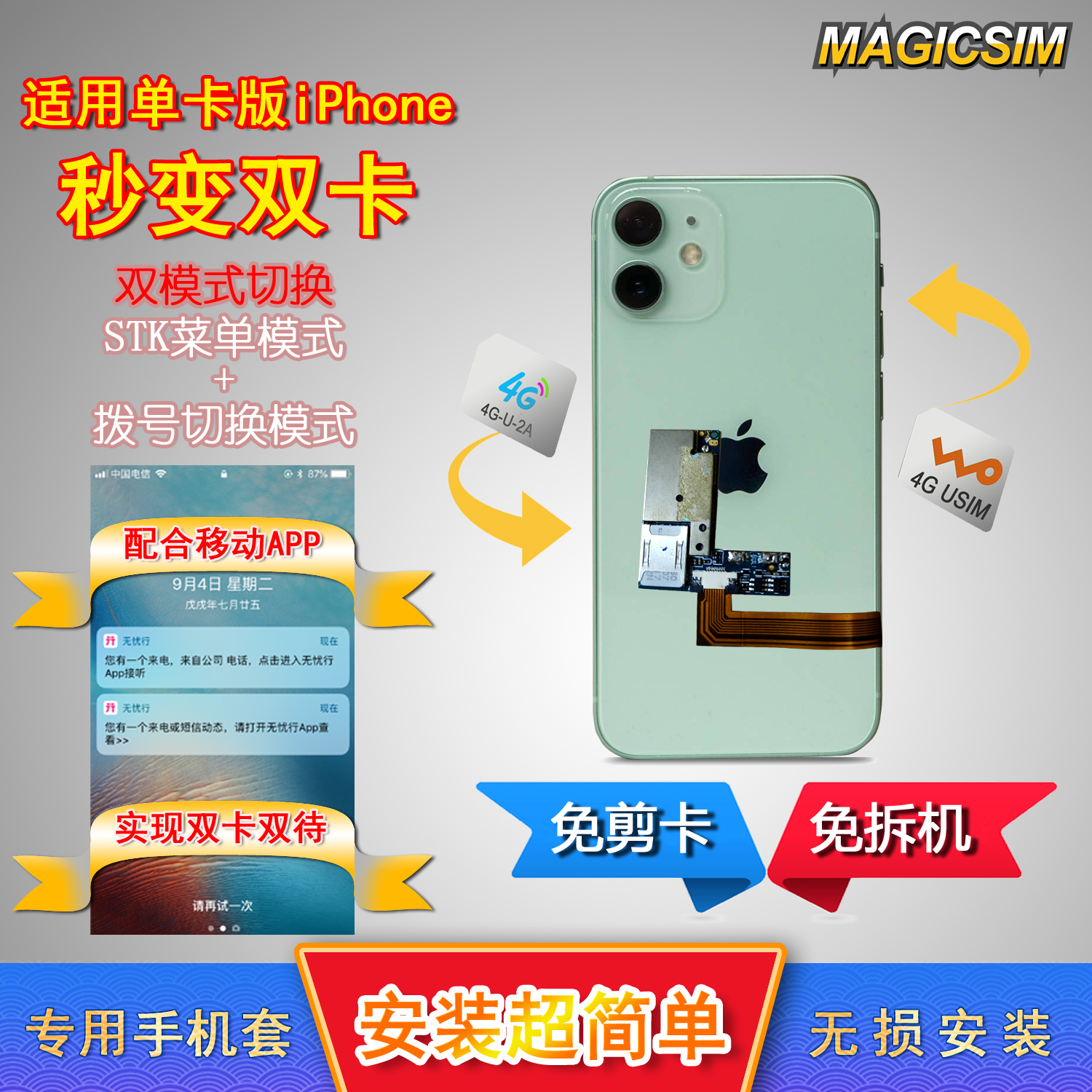 iPhone双卡双待神器13mini12迷你SE3SE2XS8P7P6S改双卡免剪卡免拆机苹果皮安装简单即装即用