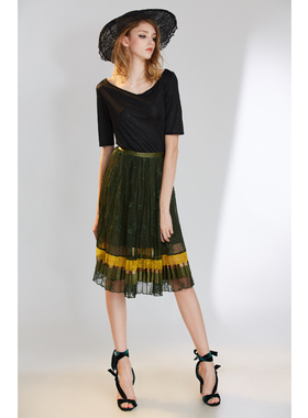 LA FATA女士金粉闪亮黑打底露背上衣绿色镂空蕾丝半裙套装D2C正品