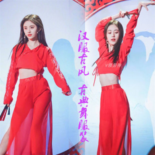 红昭愿舞蹈服学生现代中国风汉服性感民族红色古装 扇子表演演出服