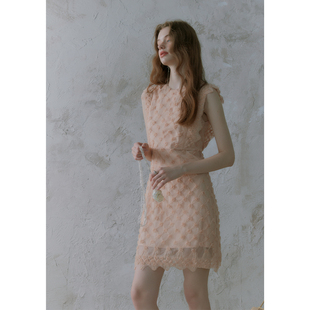 奥芝国 法式粉色网纱立体线绣蕾丝收腰显瘦连衣裙女轻礼服短裙