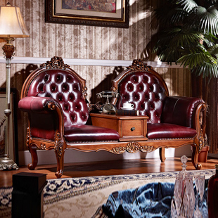 美式实木贵妃椅真皮休闲椅洽谈椅双人座桌椅组合美人榻靠背沙发椅