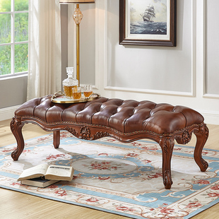 美式实木床尾凳真皮床榻卧室床前凳欧式床边长条凳家用门口换鞋凳