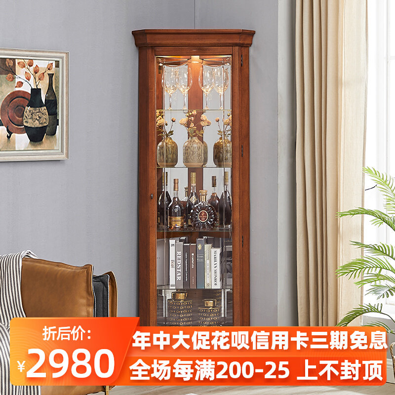 美式实木角柜墙角柜客厅三角形玻璃酒柜展示柜欧式储物柜拐角柜