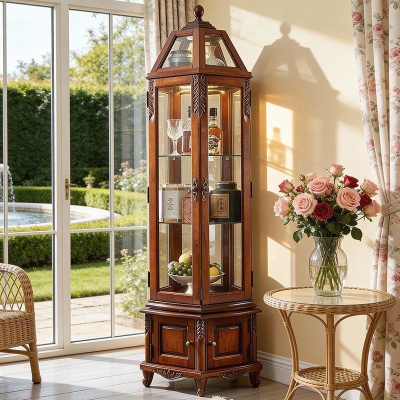美式实木酒柜客厅360&deg;旋转带灯落地展示柜玻璃柜复古收纳储物柜