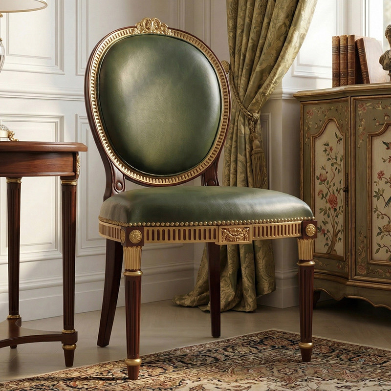 欧式古典实木沙发椅金箔装饰绿皮艺客厅卧室单人椅英式餐桌餐椅子