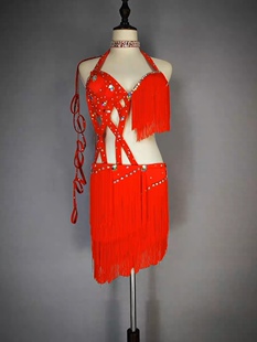 大红色肚皮舞鼓舞演出服,流苏肚皮舞短裙鼓舞表演服定制