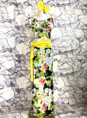 肚皮舞黄色玫瑰花修身袍子蝴蝶结头巾腰带东方舞saidi，baladi服