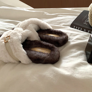 INS高级感毛绒绒温柔风毛毛拖鞋 小众搭扣网红一字拖 2024秋冬新款