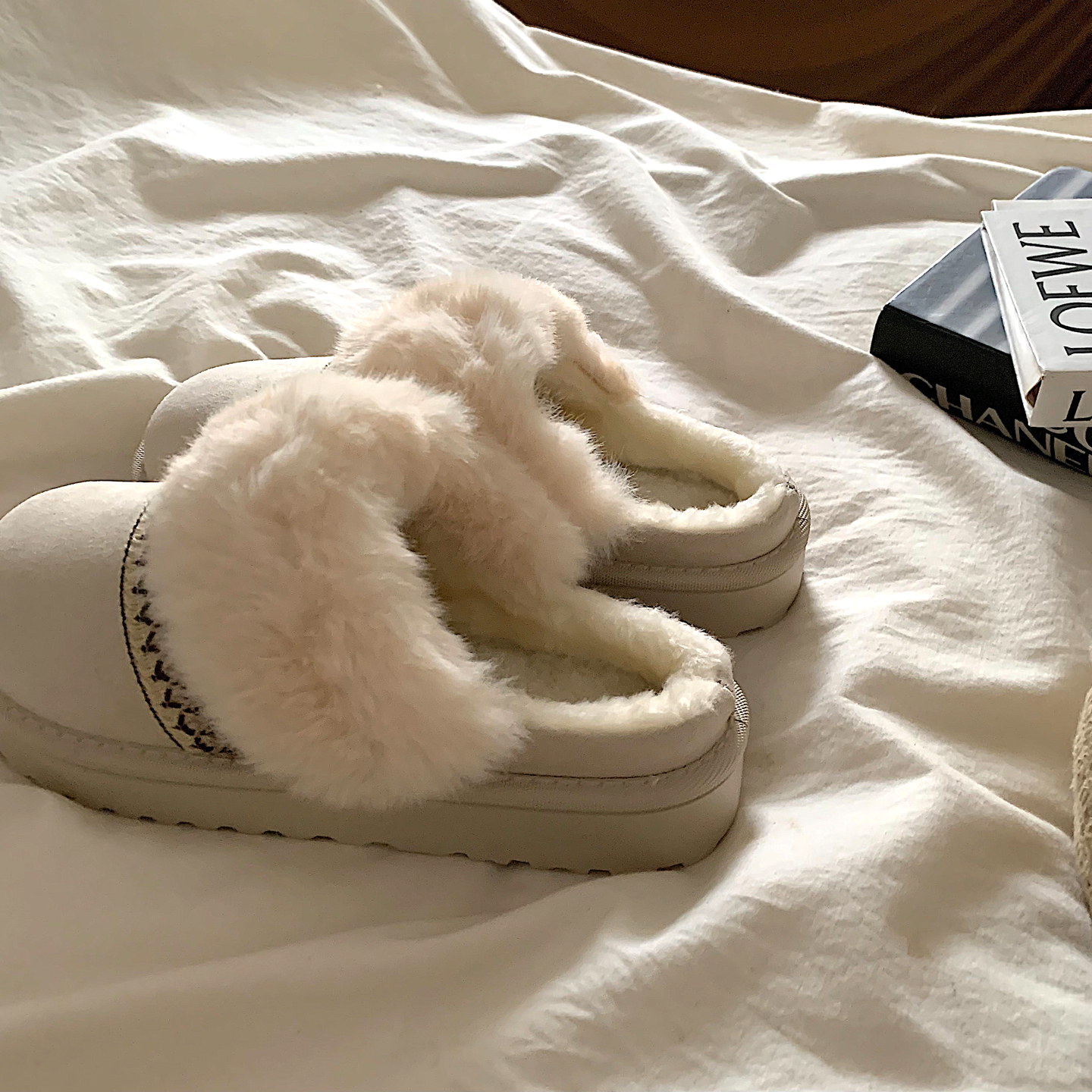 民族风~复古加绒厚底勃肯棉拖鞋女冬外穿ins韩版百搭保暖毛毛拖鞋