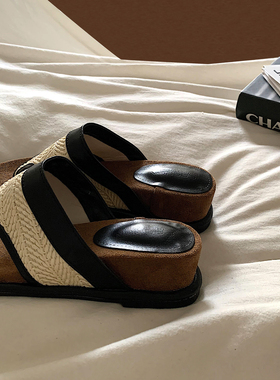 海岛度假~露思同款高及感厚底坡跟人字拖女ins编织复古沙滩凉拖鞋