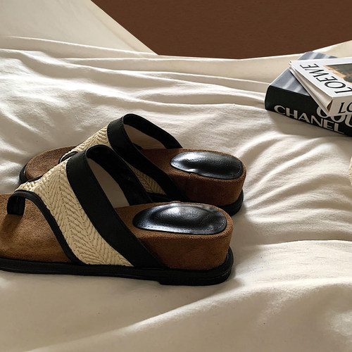 ins编织复古坡跟人字拖