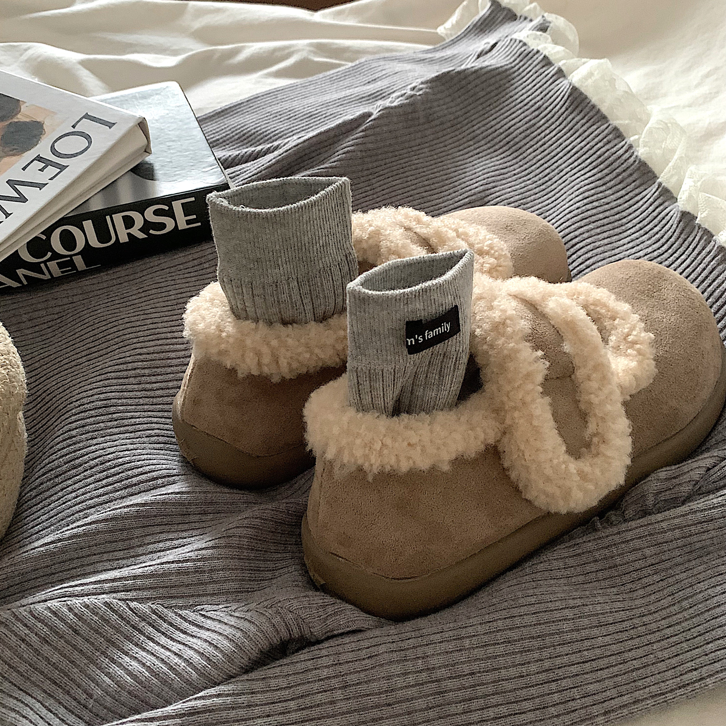 自留入~ins魔术贴配裙子加绒玛丽珍棉鞋女冬季网红百搭保暖豆豆鞋