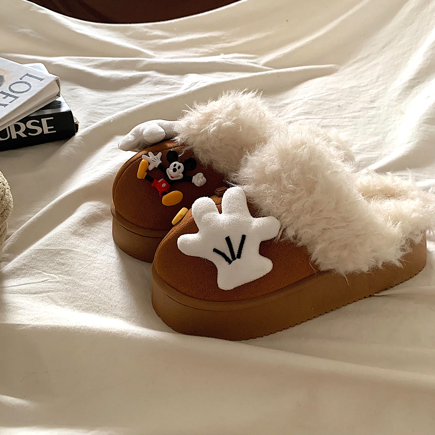 金屿鹿 童趣米奇~ins卡通加绒厚底毛毛棉鞋女外穿学生百搭棉拖鞋,女鞋,包头拖,淘宝优惠券,粉丝福利购,淘宝优惠卷
