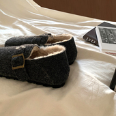 复古加绒一脚蹬呢子勃肯棉鞋 外穿新款 女冬季 ins高级感韩风毛毛鞋