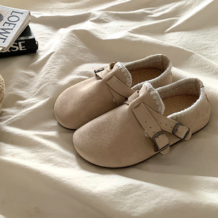 单鞋 ins配裙子复古一脚蹬穆勒鞋 美拉德厚底加绒全包勃肯鞋 糯叽叽