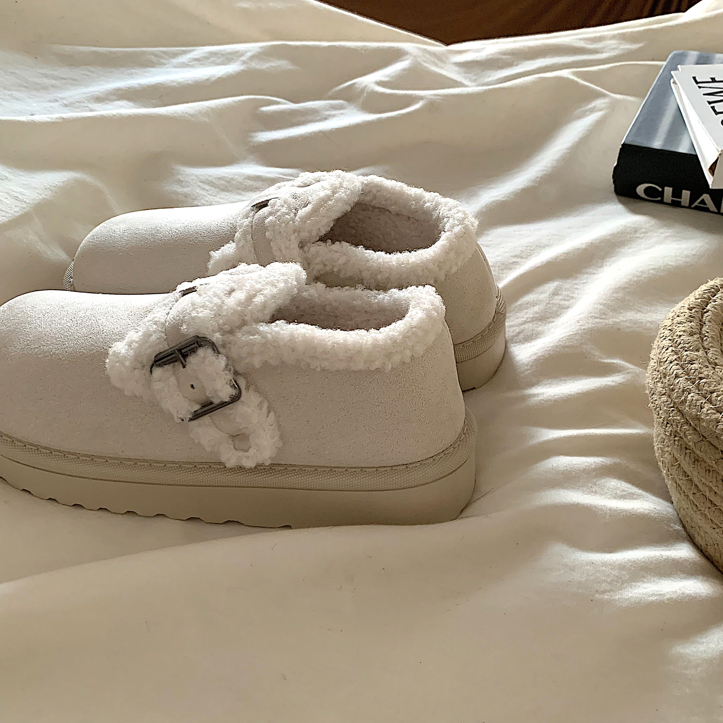 毛茸茸~ins复古加绒勃肯鞋女冬韩国百搭配裙子一脚蹬保暖乐福棉鞋