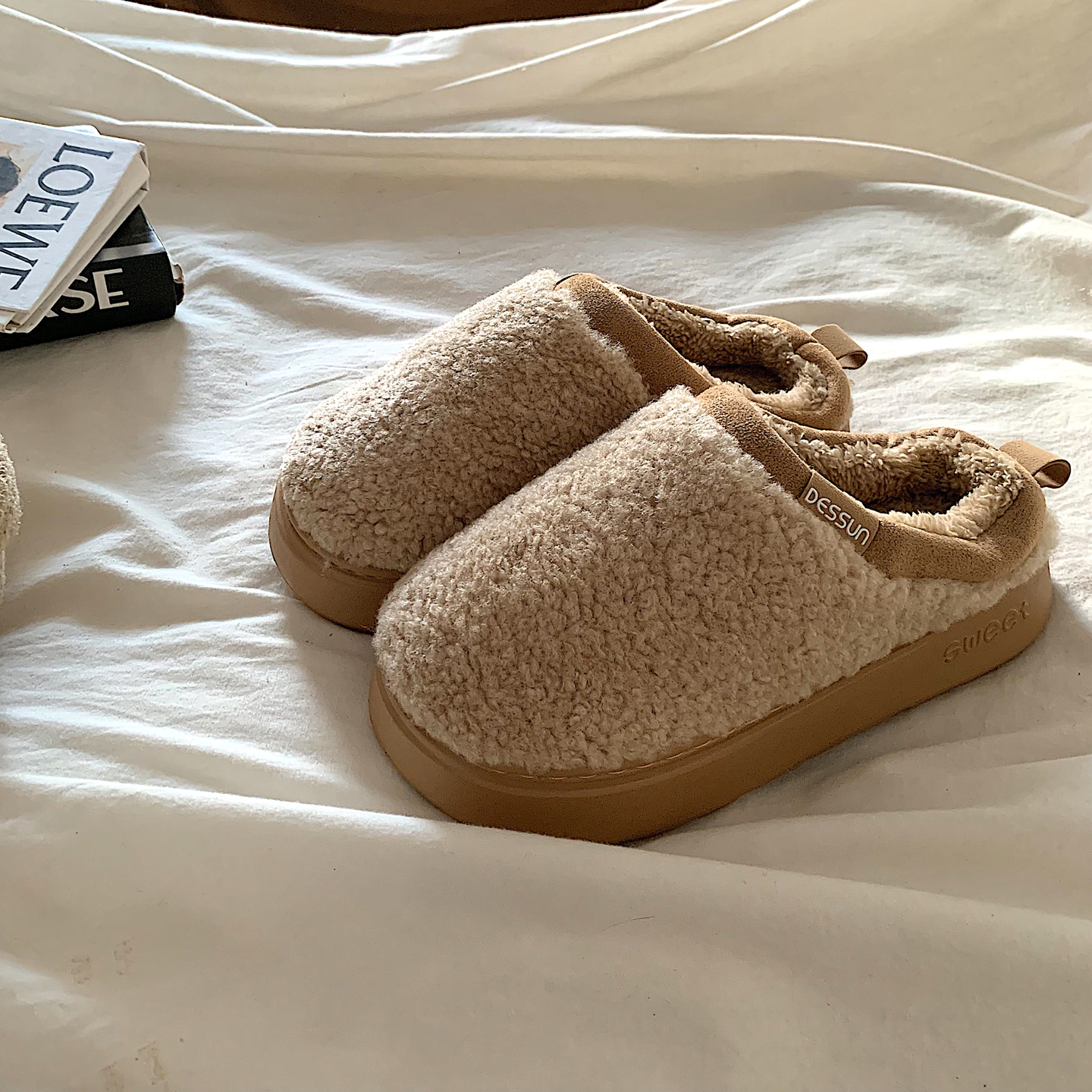 厚实软糯~ins加绒保暖厚底毛毛鞋女冬季外穿韩版懒人羊羔毛棉拖鞋