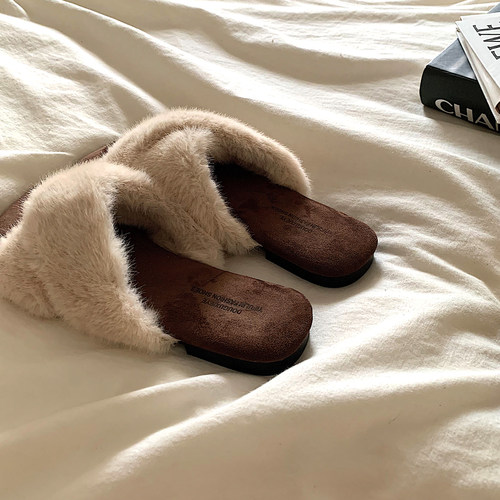 金屿鹿 气质温柔~ins仙女风交叉毛毛拖鞋女秋冬外穿网红时尚棉拖