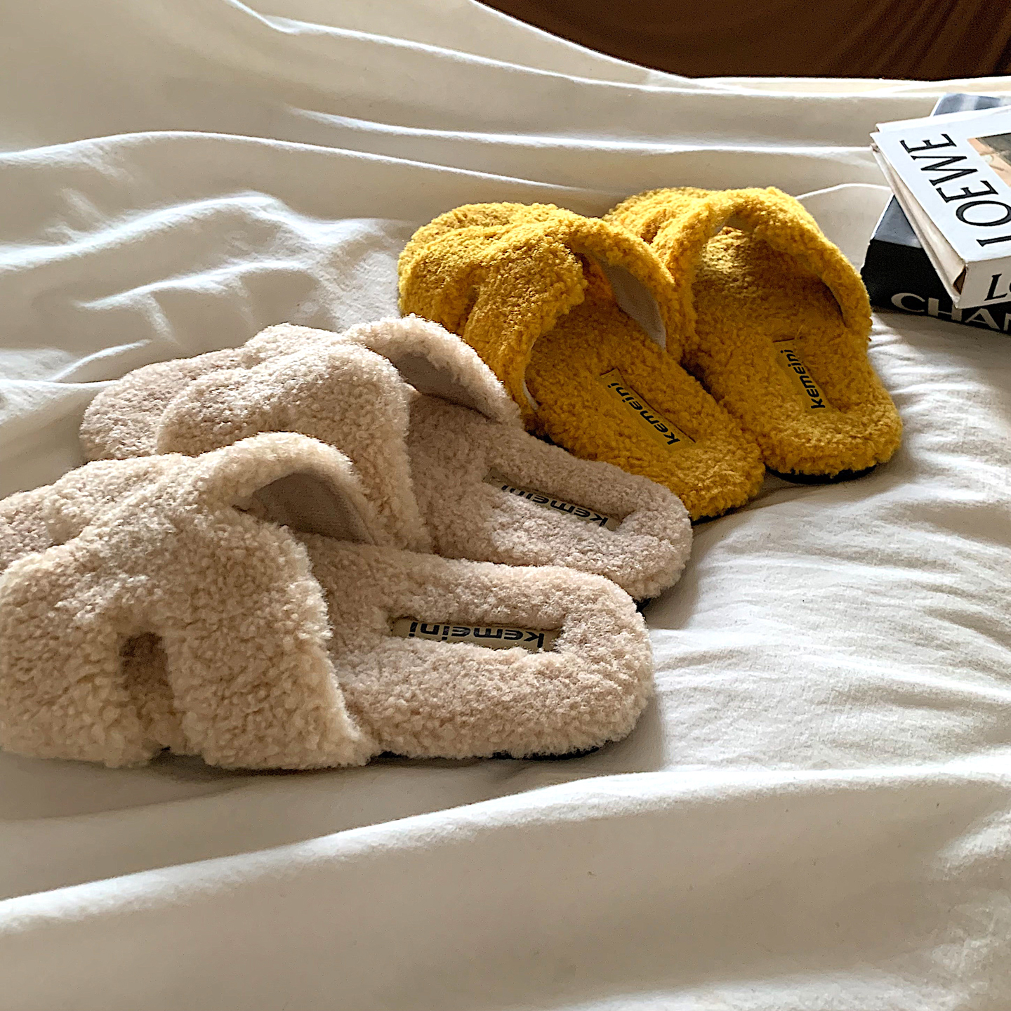 金屿鹿 奶油卷羊~ins温柔风加绒毛毛拖鞋女冬外穿网红时尚棉拖鞋