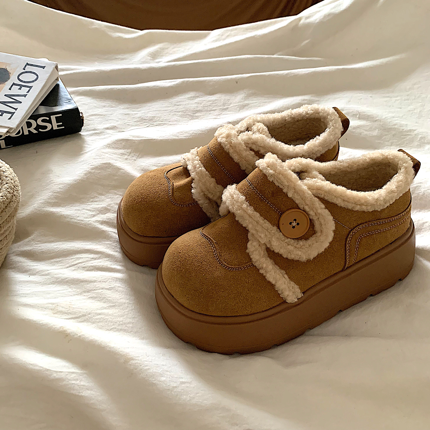 美拉德好搭~增高厚底加绒勃肯鞋女冬ins网红百搭一脚蹬魔术贴棉鞋