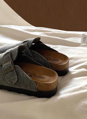 ins韩国炭灰色厚底勃肯鞋女鞋2025新款韩版一脚蹬懒人包头半拖鞋