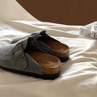 ins韩国炭灰色厚底勃肯鞋女鞋2025新款韩版一脚蹬懒人包头半拖鞋