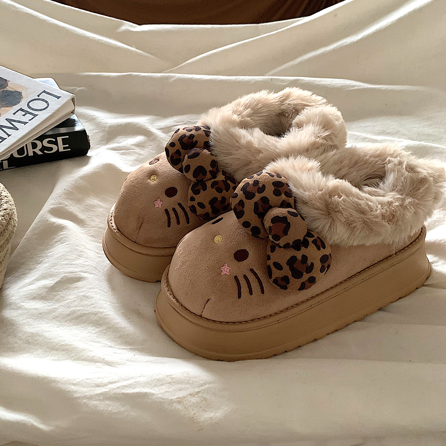 豹纹kt猫~软萌可爱加绒包跟棉拖鞋女冬外穿ins百搭加厚保暖毛毛鞋