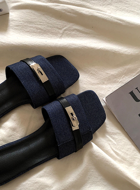 金屿鹿高及感老钱风锁扣一字拖女夏季外穿ins复古沙滩平底凉拖鞋