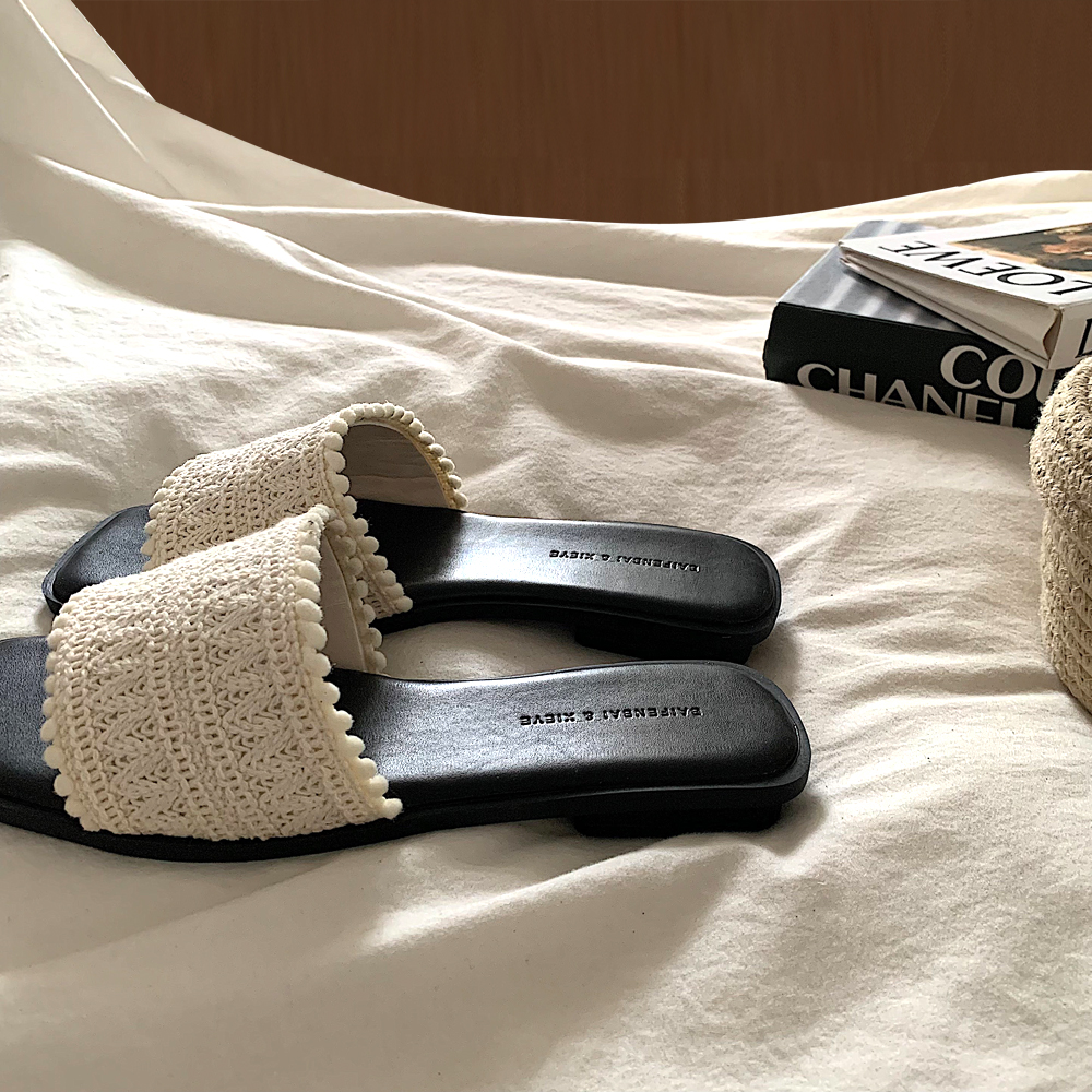 ins法式晚晚编织波西米亚一字拖