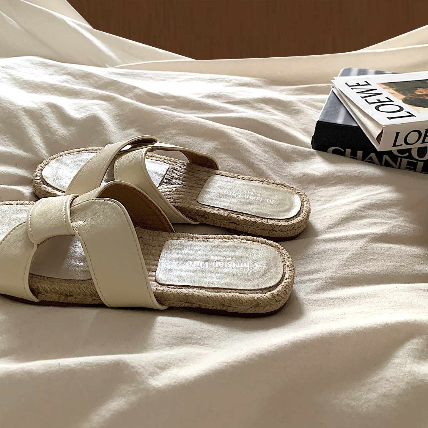 金屿鹿 亚麻风~ins复古编织交叉一字拖女夏季外穿法式沙滩凉拖鞋