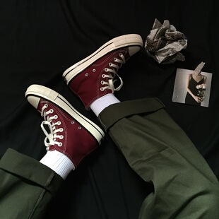 酒红高帮帆布鞋女新款韩版ins街拍万年搭学生休闲港风情侣板鞋潮