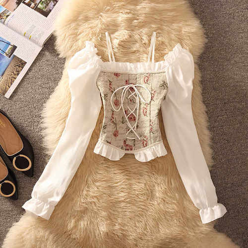 法式甜美长袖方领提花系带衬衫女春季复古宫廷风一字肩吊带上衣