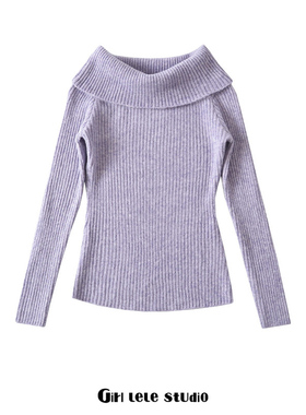 【包邮】慵懒紫色一字领性感露锁骨套头针织衫女修身显瘦套头上衣