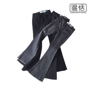 中低腰复古毛边长裤 欧美街拍秋款 弹力显瘦大喇叭牛仔裤 包邮