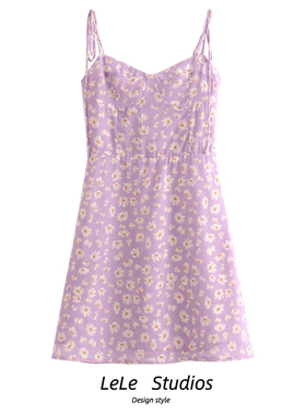 澳洲小众紫色小雏菊印花吊带裙海边度假风肩部系带连衣裙抹胸短裙