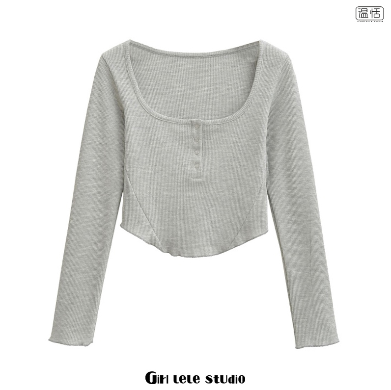 【包邮】欧美风新款辣妹华夫格方领长袖T恤修身显瘦纽扣短款上衣